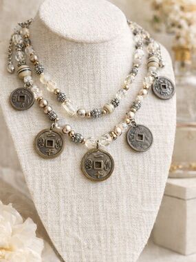 Chicos Layered Coin Charm Necklace Boho Luxe Double Strand Neutral